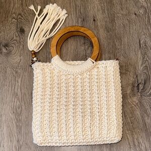 Elegant Cream Handwoven Bag with Wooden Handles